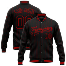 Load image into Gallery viewer, Custom Black Red Pinstripe Red Bomber Full-Snap Varsity Letterman Jacket

