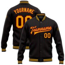 Load image into Gallery viewer, Custom Black Red Pinstripe Gold Bomber Full-Snap Varsity Letterman Jacket
