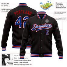 Load image into Gallery viewer, Custom Black Red Pinstripe Royal-White Bomber Full-Snap Varsity Letterman Jacket
