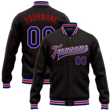 Load image into Gallery viewer, Custom Black Red Pinstripe Royal-White Bomber Full-Snap Varsity Letterman Jacket
