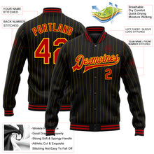 Load image into Gallery viewer, Custom Black Gold Pinstripe Red Bomber Full-Snap Varsity Letterman Jacket
