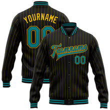 Load image into Gallery viewer, Custom Black Yellow Pinstripe Teal Bomber Full-Snap Varsity Letterman Jacket
