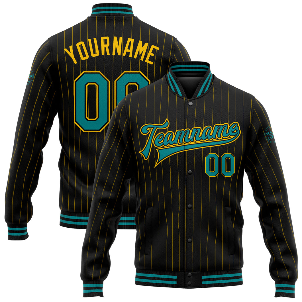 Custom Black Yellow Pinstripe Teal Bomber Full-Snap Varsity Letterman Jacket