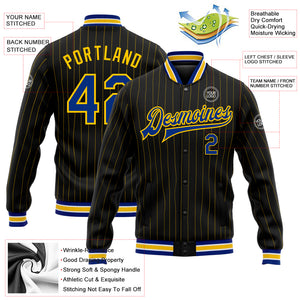 Custom Black Yellow Pinstripe Royal-White Bomber Full-Snap Varsity Letterman Jacket