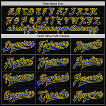 Load image into Gallery viewer, Custom Black Yellow Pinstripe Royal-White Bomber Full-Snap Varsity Letterman Jacket
