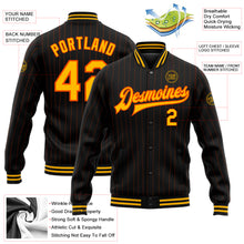 Load image into Gallery viewer, Custom Black Orange Pinstripe Gold Bomber Full-Snap Varsity Letterman Jacket
