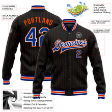 Load image into Gallery viewer, Custom Black Orange Pinstripe Royal-White Bomber Full-Snap Varsity Letterman Jacket
