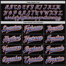 Load image into Gallery viewer, Custom Black Orange Pinstripe Royal-White Bomber Full-Snap Varsity Letterman Jacket
