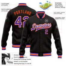 Load image into Gallery viewer, Custom Black Orange Pinstripe Purple-White Bomber Full-Snap Varsity Letterman Jacket
