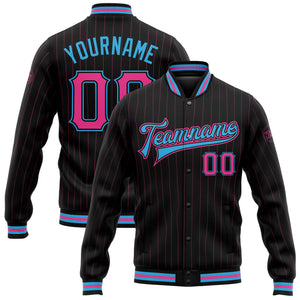 Custom Black Pink Pinstripe Sky Blue Bomber Full-Snap Varsity Letterman Jacket