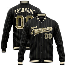 Load image into Gallery viewer, Custom Black Cream Pinstripe Camo Bomber Full-Snap Varsity Letterman Jacket
