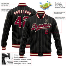 Load image into Gallery viewer, Custom Black Cream Pinstripe Maroon Bomber Full-Snap Varsity Letterman Jacket
