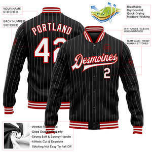 Custom Black White Pinstripe Red Bomber Full-Snap Varsity Letterman Jacket