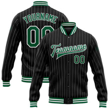 Load image into Gallery viewer, Custom Black White Pinstripe Kelly Green Bomber Full-Snap Varsity Letterman Jacket
