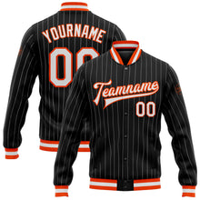 Load image into Gallery viewer, Custom Black White Pinstripe Orange Bomber Full-Snap Varsity Letterman Jacket
