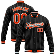 Load image into Gallery viewer, Custom Black White Pinstripe Orange Bomber Full-Snap Varsity Letterman Jacket
