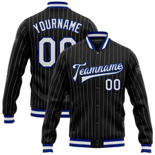 Load image into Gallery viewer, Custom Black White Pinstripe Royal Bomber Full-Snap Varsity Letterman Jacket
