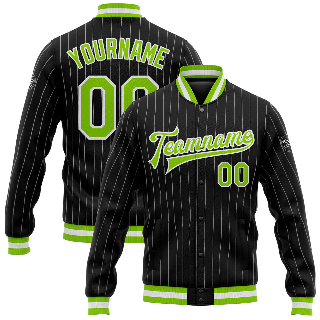 Custom Black White Pinstripe Neon Green Bomber Full-Snap Varsity Letterman Jacket