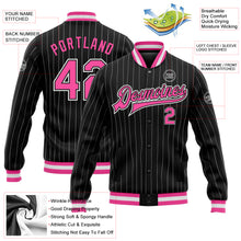 Load image into Gallery viewer, Custom Black White Pinstripe Pink Bomber Full-Snap Varsity Letterman Jacket
