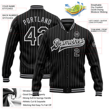 Load image into Gallery viewer, Custom Black White Pinstripe Black-Gray Bomber Full-Snap Varsity Letterman Jacket
