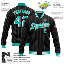 Load image into Gallery viewer, Custom Black White Pinstripe Aqua Bomber Full-Snap Varsity Letterman Jacket
