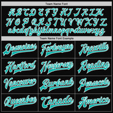 Load image into Gallery viewer, Custom Black White Pinstripe Aqua Bomber Full-Snap Varsity Letterman Jacket
