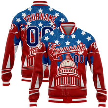Load image into Gallery viewer, Custom Red US Navy Blue-Royal American Flag Fashion United States Congress Building 3D Pattern Design Bomber Full-Snap Varsity Letterman Jacket
