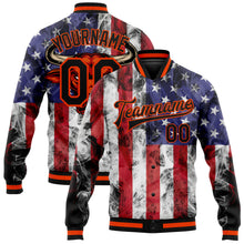 Load image into Gallery viewer, Custom Royal Black Orange-Red American Flag With Head Of Bull 3D Pattern Design Bomber Full-Snap Varsity Letterman Jacket
