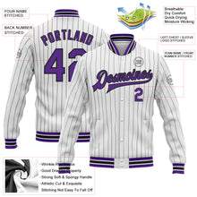 Load image into Gallery viewer, Custom White Black Pinstripe Purple Bomber Full-Snap Varsity Letterman Jacket
