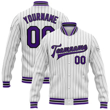 Load image into Gallery viewer, Custom White Black Pinstripe Purple Bomber Full-Snap Varsity Letterman Jacket
