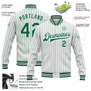 Custom White Kelly Green Pinstripe Kelly Green Bomber Full-Snap Varsity Letterman Jacket