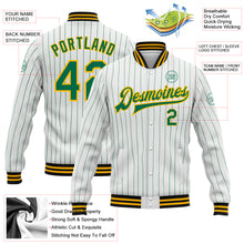 Load image into Gallery viewer, Custom White Kelly Green Pinstripe Gold-Black Bomber Full-Snap Varsity Letterman Jacket
