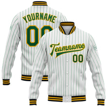 Load image into Gallery viewer, Custom White Kelly Green Pinstripe Gold-Black Bomber Full-Snap Varsity Letterman Jacket
