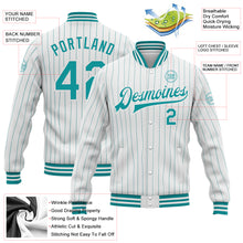 Load image into Gallery viewer, Custom White Teal Pinstripe Teal Bomber Full-Snap Varsity Letterman Jacket
