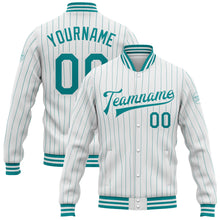 Load image into Gallery viewer, Custom White Teal Pinstripe Teal Bomber Full-Snap Varsity Letterman Jacket
