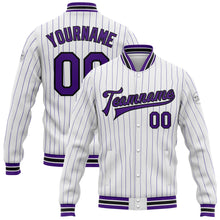 Load image into Gallery viewer, Custom White Purple Pinstripe Black Bomber Full-Snap Varsity Letterman Jacket
