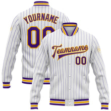 Load image into Gallery viewer, Custom White Purple Pinstripe Gold Bomber Full-Snap Varsity Letterman Jacket
