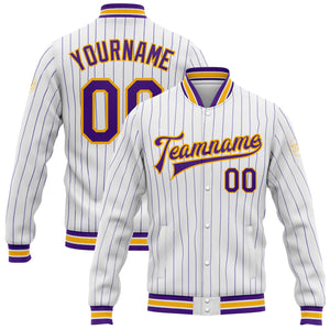 Custom White Purple Pinstripe Gold Bomber Full-Snap Varsity Letterman Jacket