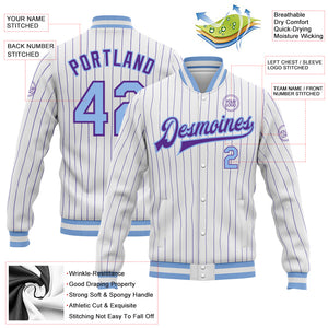 Custom White Purple Pinstripe Light Blue Bomber Full-Snap Varsity Letterman Jacket