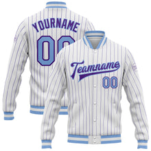 Load image into Gallery viewer, Custom White Purple Pinstripe Light Blue Bomber Full-Snap Varsity Letterman Jacket
