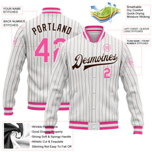 Load image into Gallery viewer, Custom White Brown Pinstripe Pink Bomber Full-Snap Varsity Letterman Jacket
