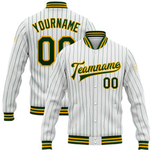 Load image into Gallery viewer, Custom White Green Pinstripe Gold Bomber Full-Snap Varsity Letterman Jacket
