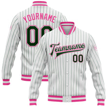 Load image into Gallery viewer, Custom White Green Pinstripe Pink Bomber Full-Snap Varsity Letterman Jacket
