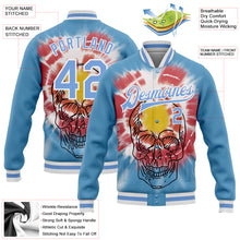 Load image into Gallery viewer, Custom Light Blue White Tie Dye Skull Fashion 3D Bomber Full-Snap Varsity Letterman Jacket
