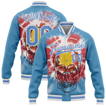 Load image into Gallery viewer, Custom Light Blue White Tie Dye Skull Fashion 3D Bomber Full-Snap Varsity Letterman Jacket
