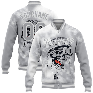 Custom Gray White Skull Fashion 3D Bomber Full-Snap Varsity Letterman Jacket