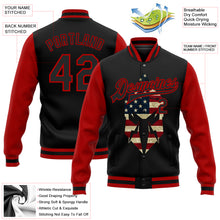 Load image into Gallery viewer, Custom Black Red Spartan Logo With Vintage USA Flag 3D Pattern Design Bomber Full-Snap Varsity Letterman Two Tone Jacket
