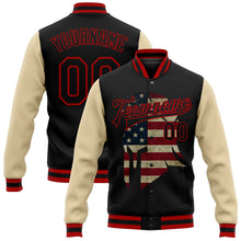 Load image into Gallery viewer, Custom Black Red-City Cream Spartan Logo With Vintage USA Flag 3D Pattern Design Bomber Full-Snap Varsity Letterman Two Tone Jacket
