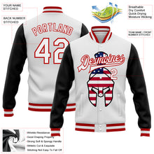Load image into Gallery viewer, Custom White Red-Black Spartan Logo With USA Flag 3D Pattern Design Bomber Full-Snap Varsity Letterman Two Tone Jacket
