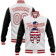 Load image into Gallery viewer, Custom White Red-Black Spartan Logo With USA Flag 3D Pattern Design Bomber Full-Snap Varsity Letterman Two Tone Jacket
